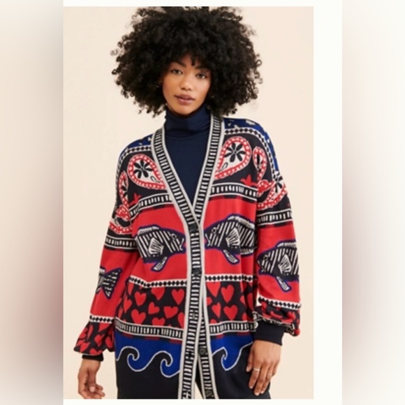 FARM Rio Navy Mixed Prints Knit Cardigan Oversized S - Picture 7 of 8